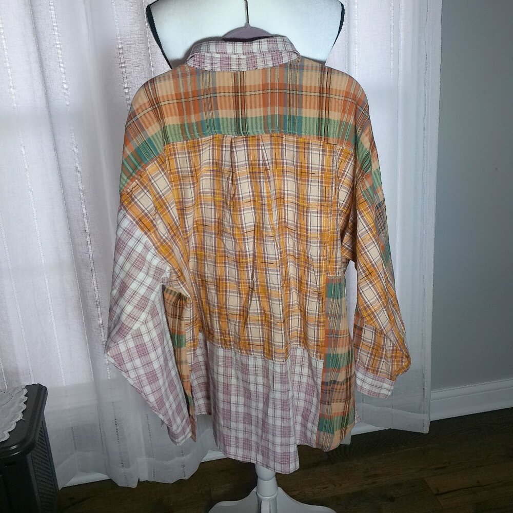 EASEL Los Angeles Snow Wash Mixed Plaid Patchwork Boho Button Down Shirt Size L - Picture 5 of 11